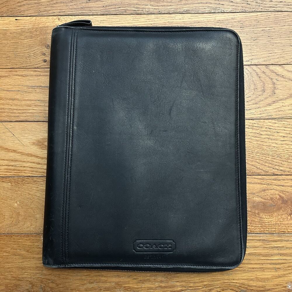 Vintage Coach Black Leather Folder Organizer With Lined Paper Zip Up 11x13”